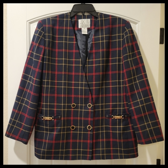 navy red plaid boyfriend blazer 16 - Picture 4 of 8